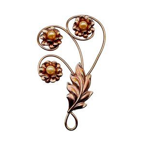Large Flower with Stem Brooch 1940s Vintage Costume Pin Flower with Faux Pearls